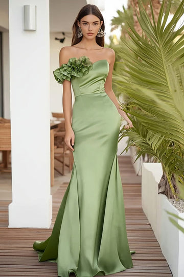One Shoulder Sage Green Mermaid Ruffled Long Formal Dress